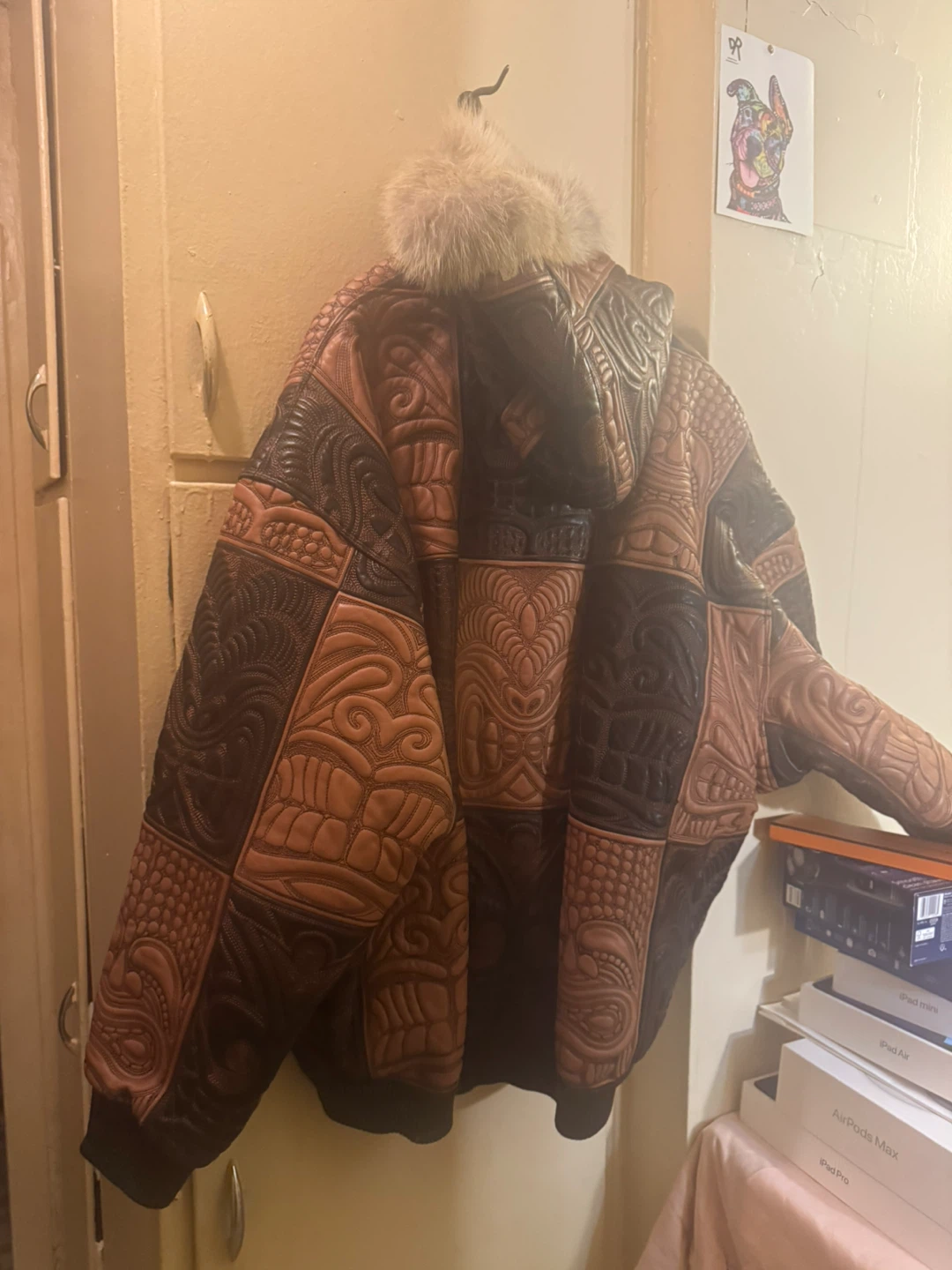 Men's Leather Patchwork Bomber Jacket with Fur Hood