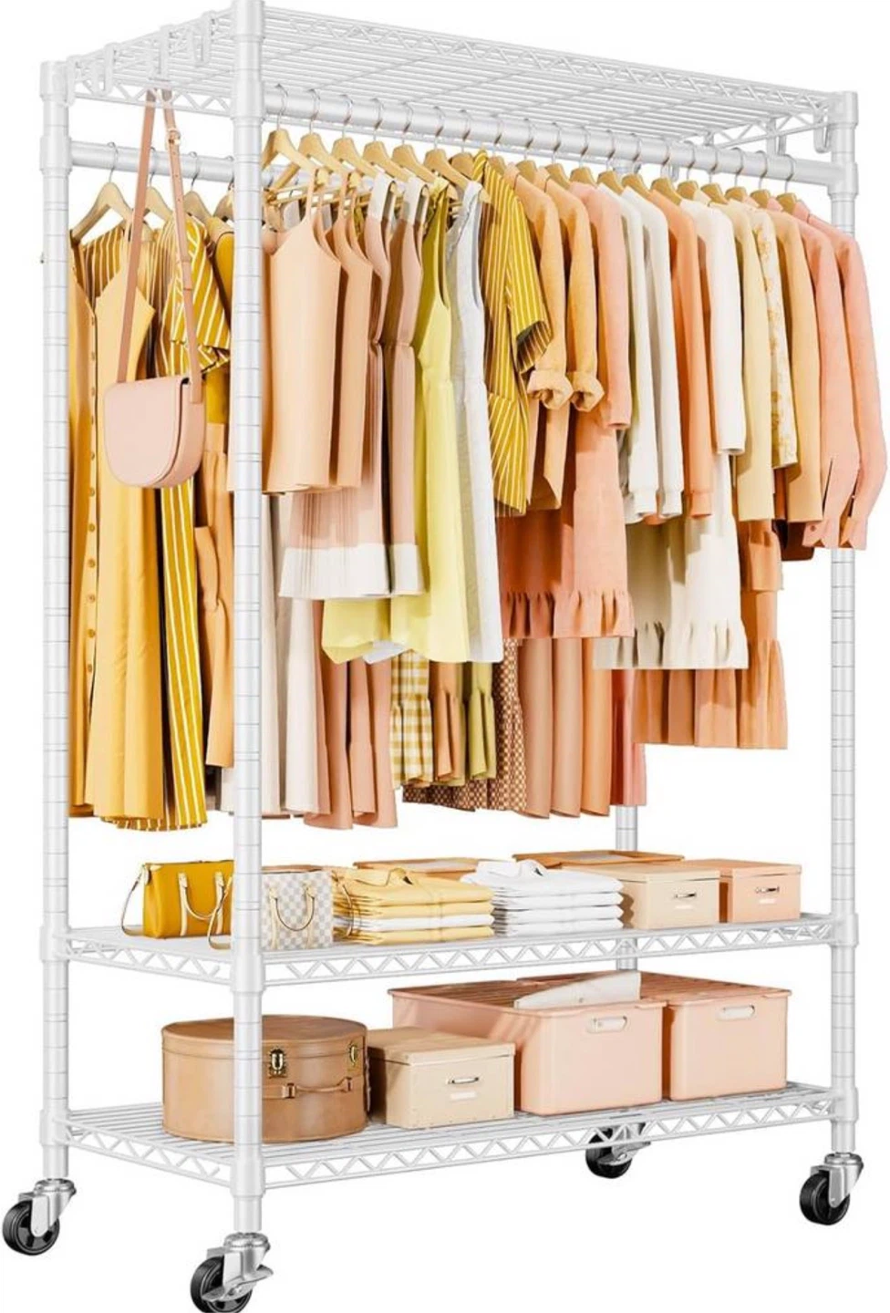 White Wire Rolling Clothes Rack with Shelves