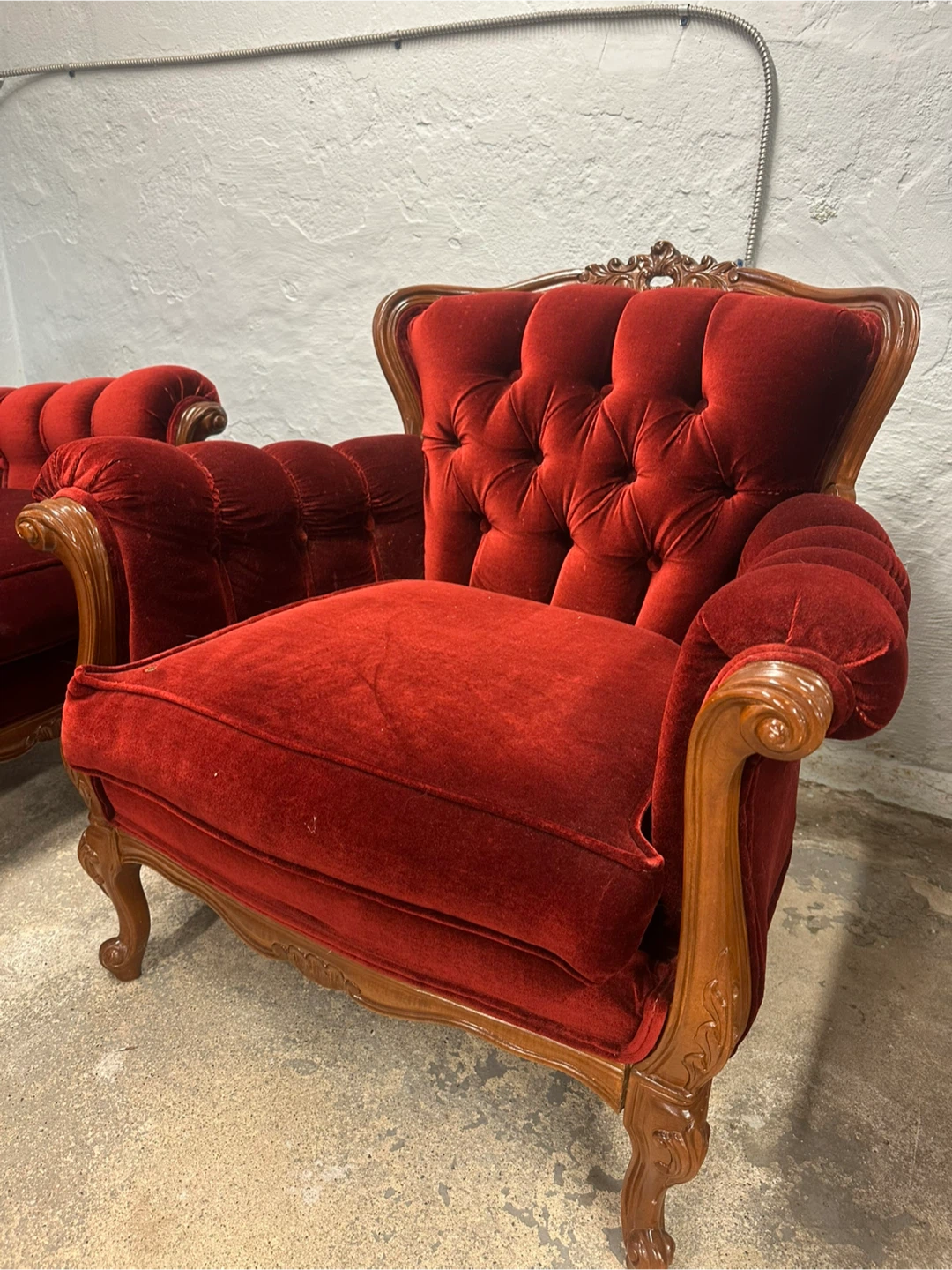 Vintage Red Velvet Armchair and Loveseat - photo 3