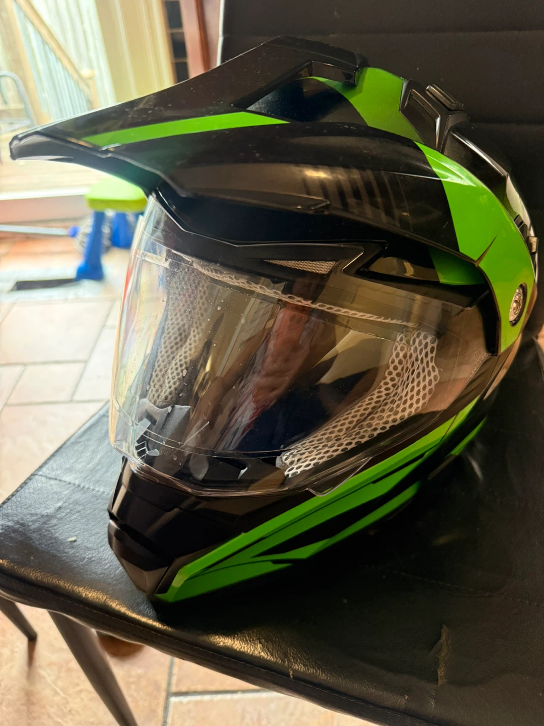 ILM Sports/Touring Black Green Motorcycle Helmet with anti fog