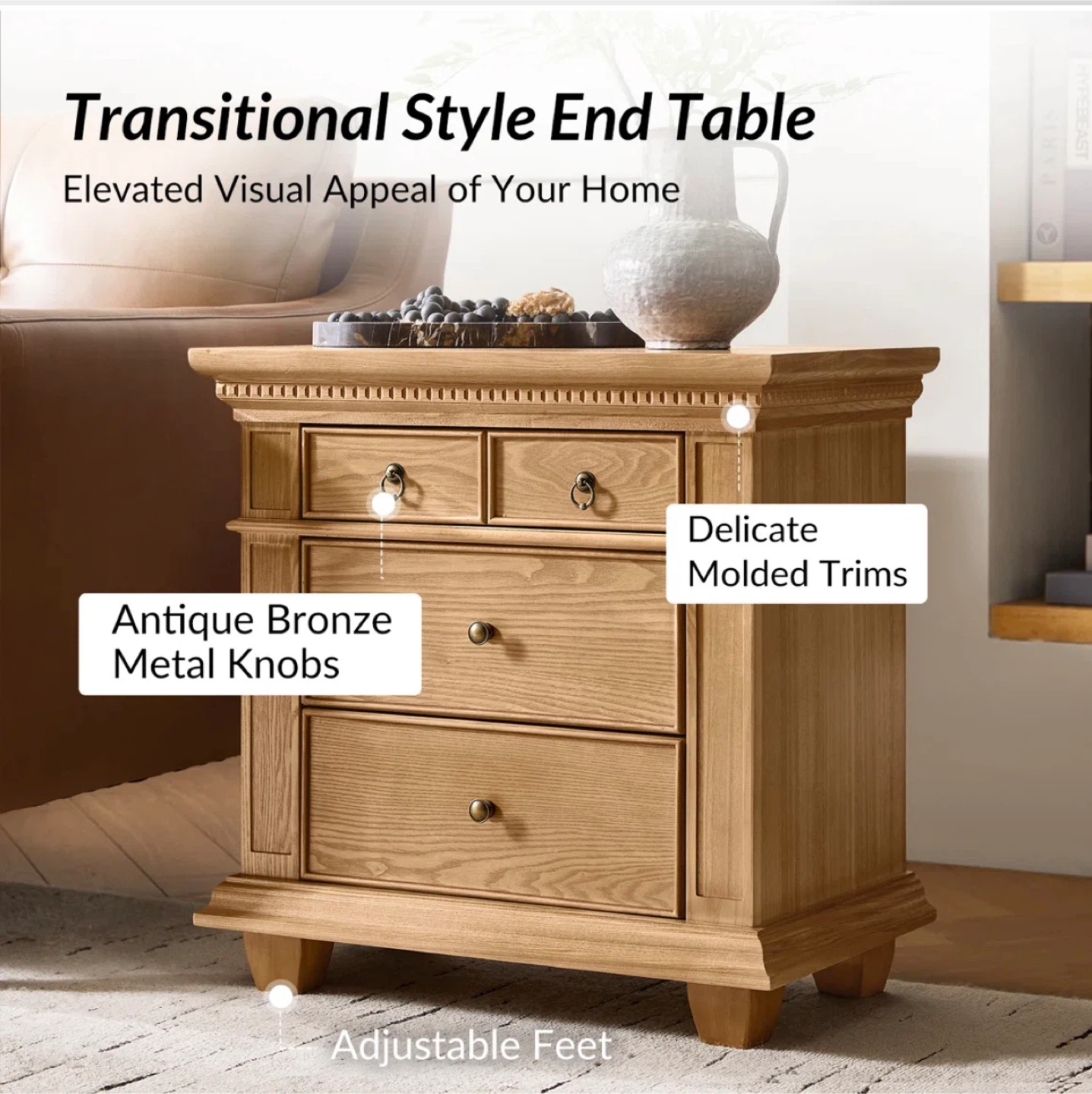 Auguste transitional 26”w 3 drawer solid wood end table - photo 4