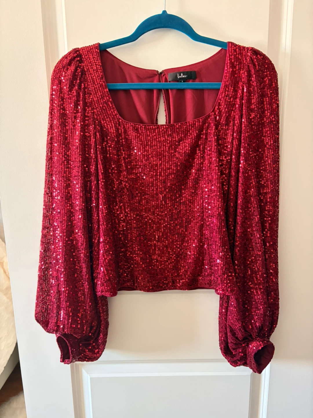 Lulus Red Sequin Long Sleeve Puff Sleeve Top