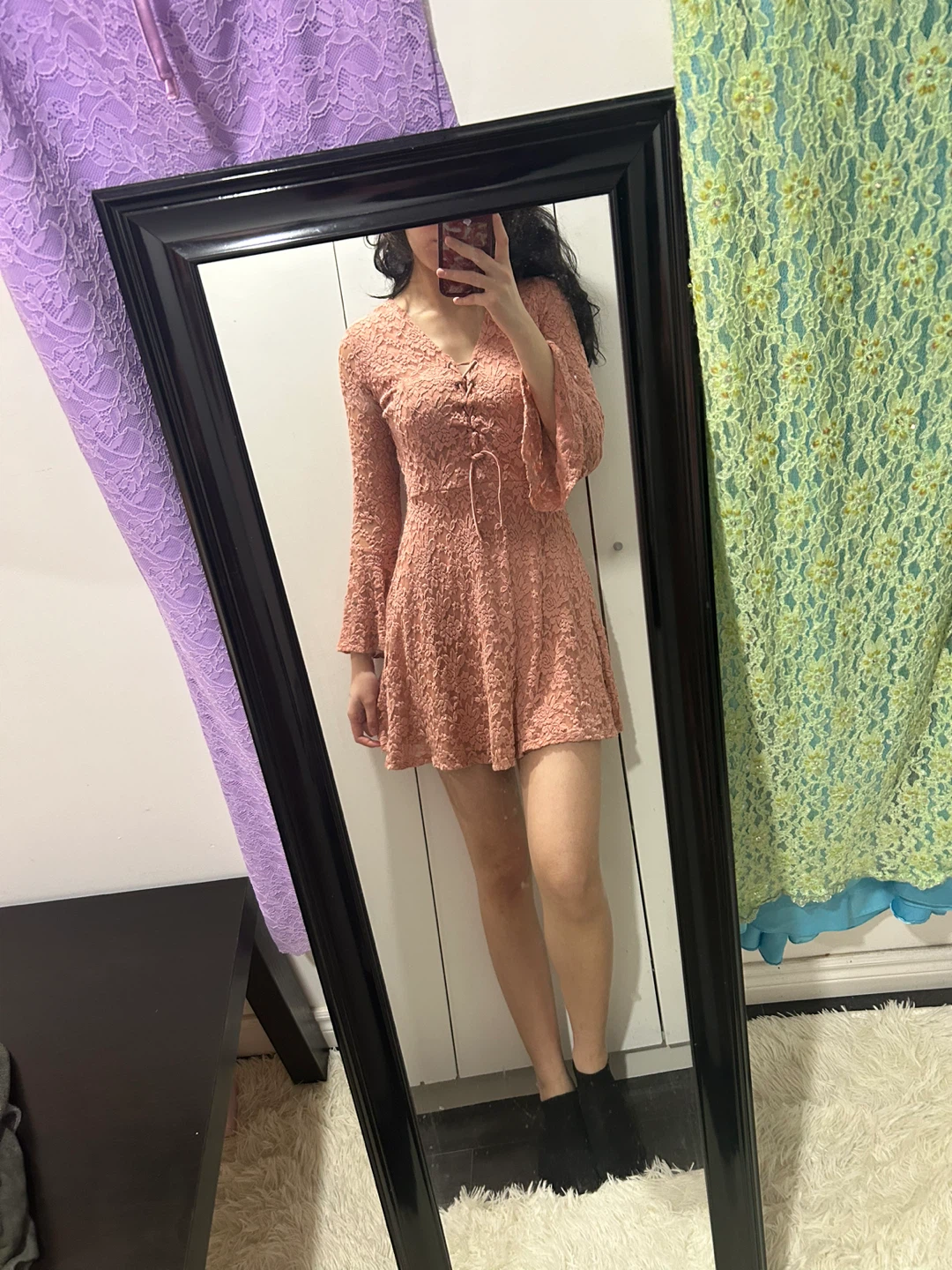 Pink Lace Bell Sleeve Mini Dress