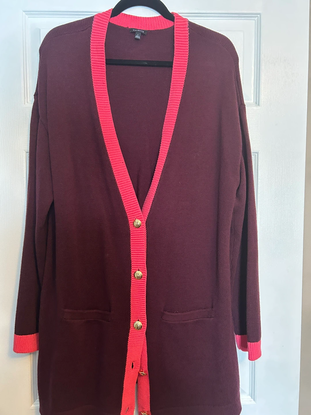 Talbots Burgundy Cardigan with Pink Trim