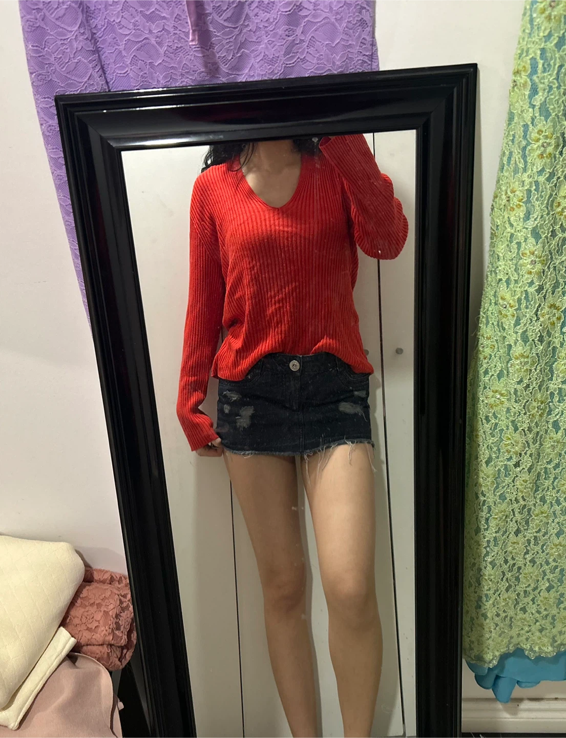 Red Ribbed V-Neck Sweater
