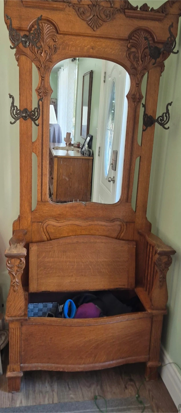 Antique Oak Hall Tree with Mirror and Bench