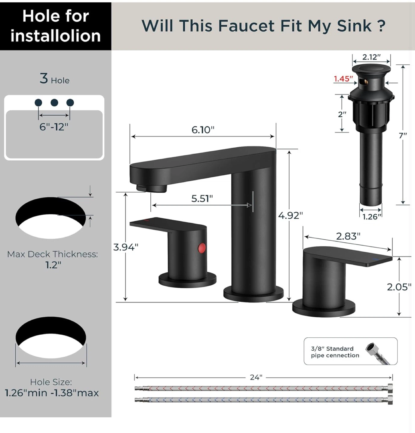 Matte Black Bathroom Faucet with Two Handles - photo 2