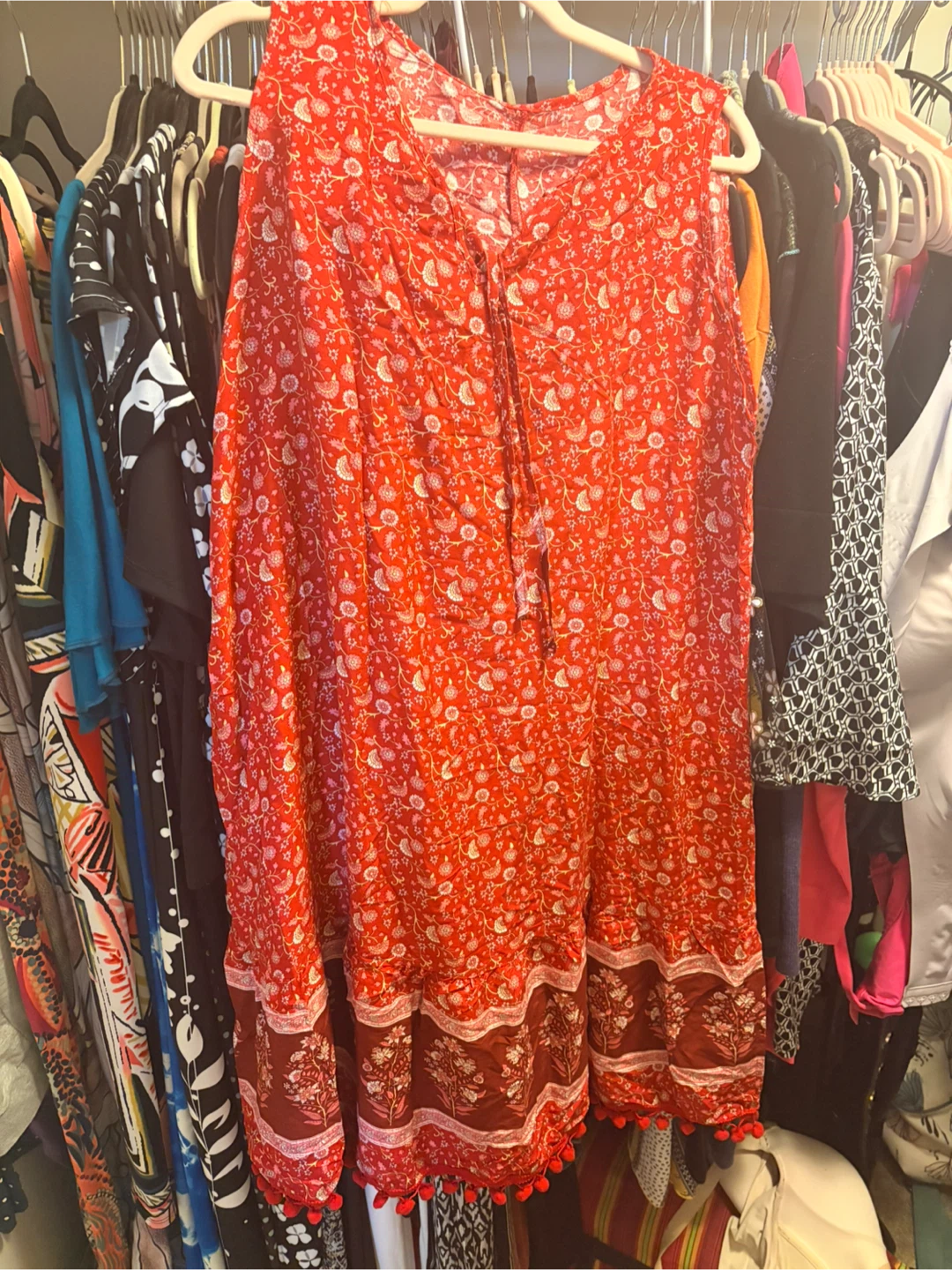 Red Floral Boho Dress with Pom Trim