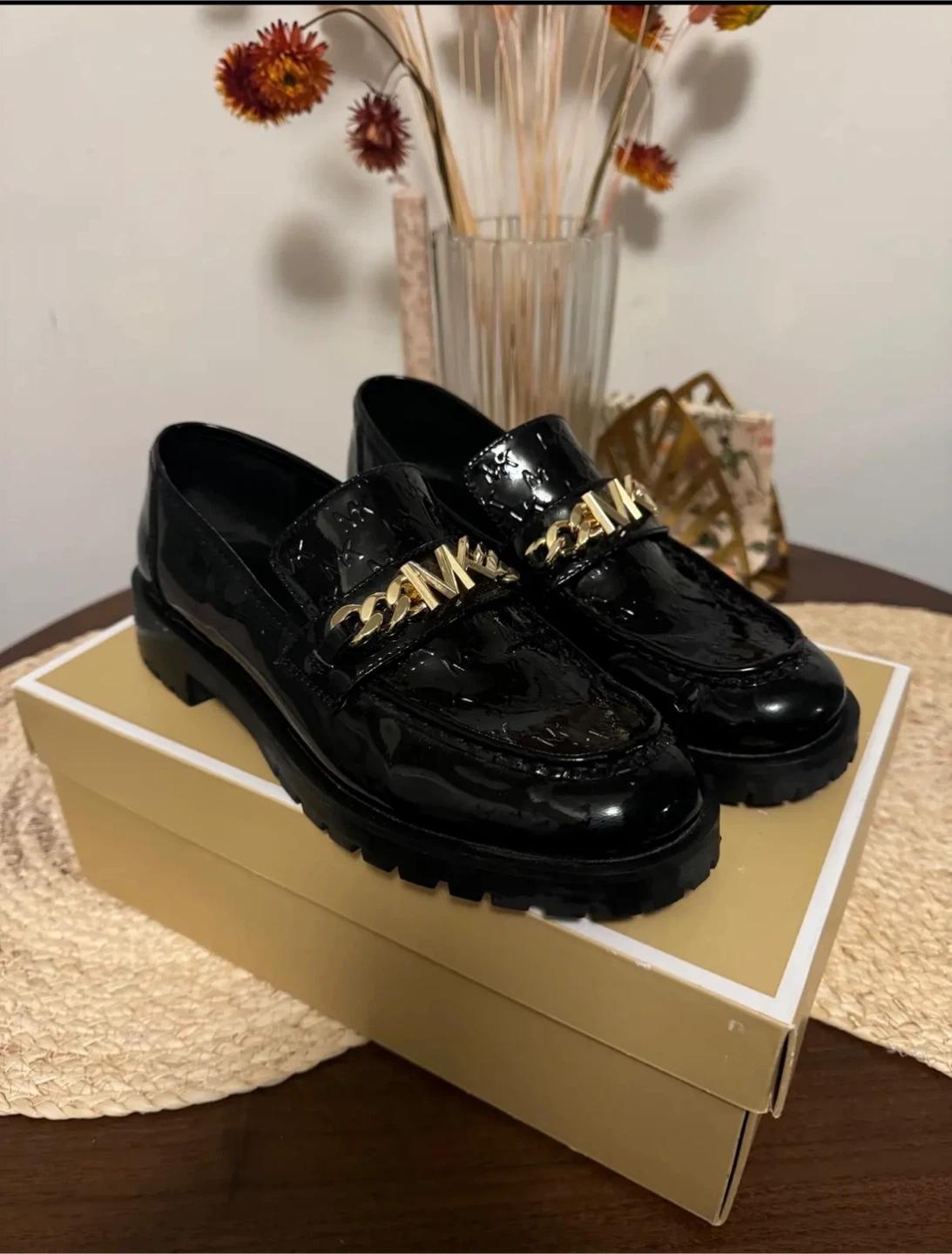 Michael Kors Black Patent Leather Loafers with Gold Chain