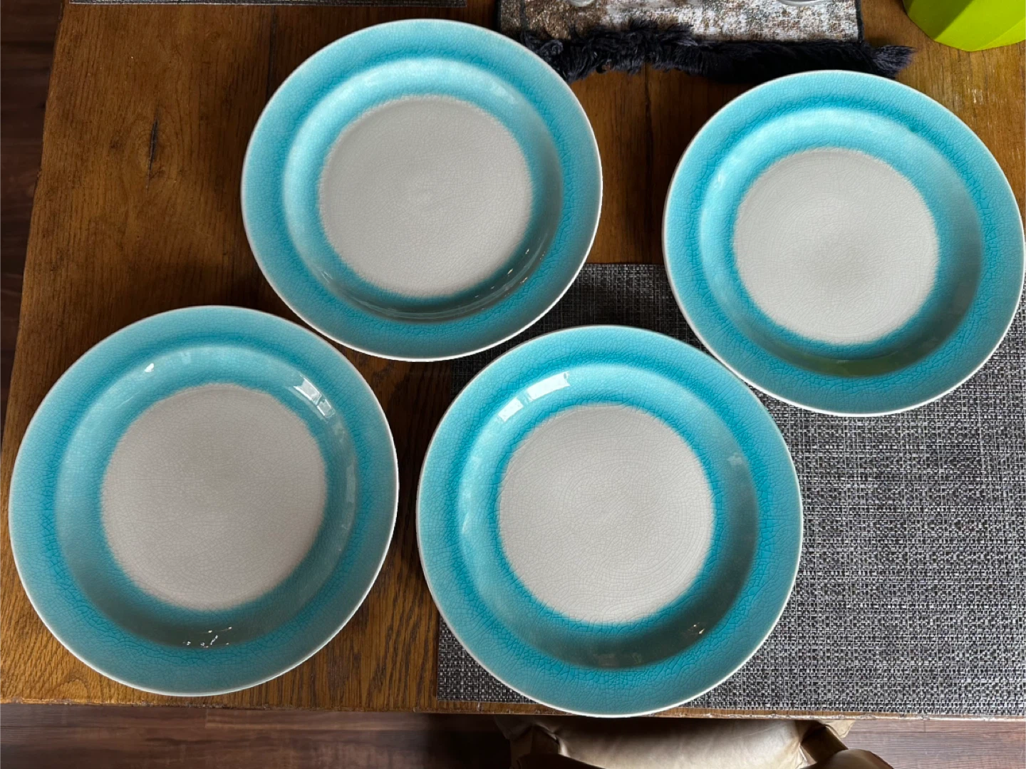 Set of 4 Ceramic mosaic Glazed dinner Plates -  aqua blue