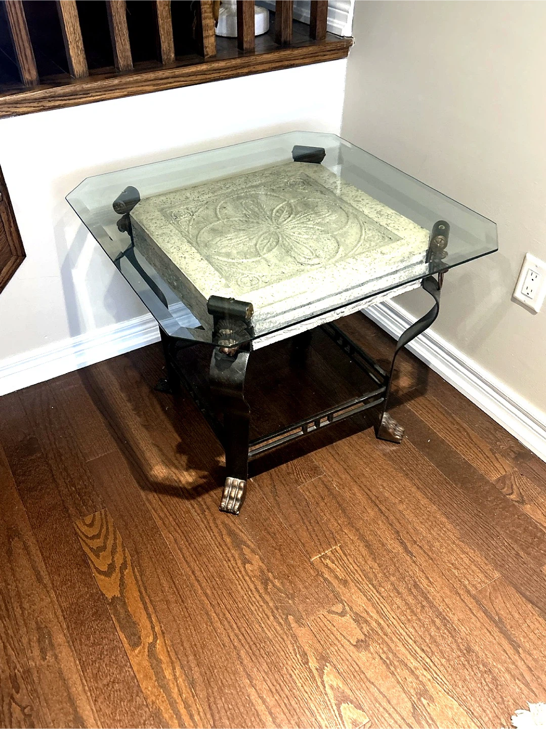 Glass Top Accent Table with Ornate Stone Inlay - photo 2