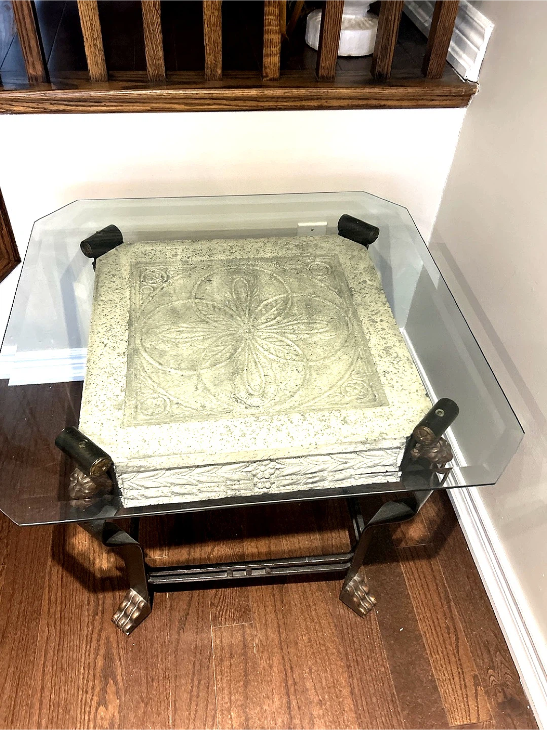 Glass Top Accent Table with Ornate Stone Inlay