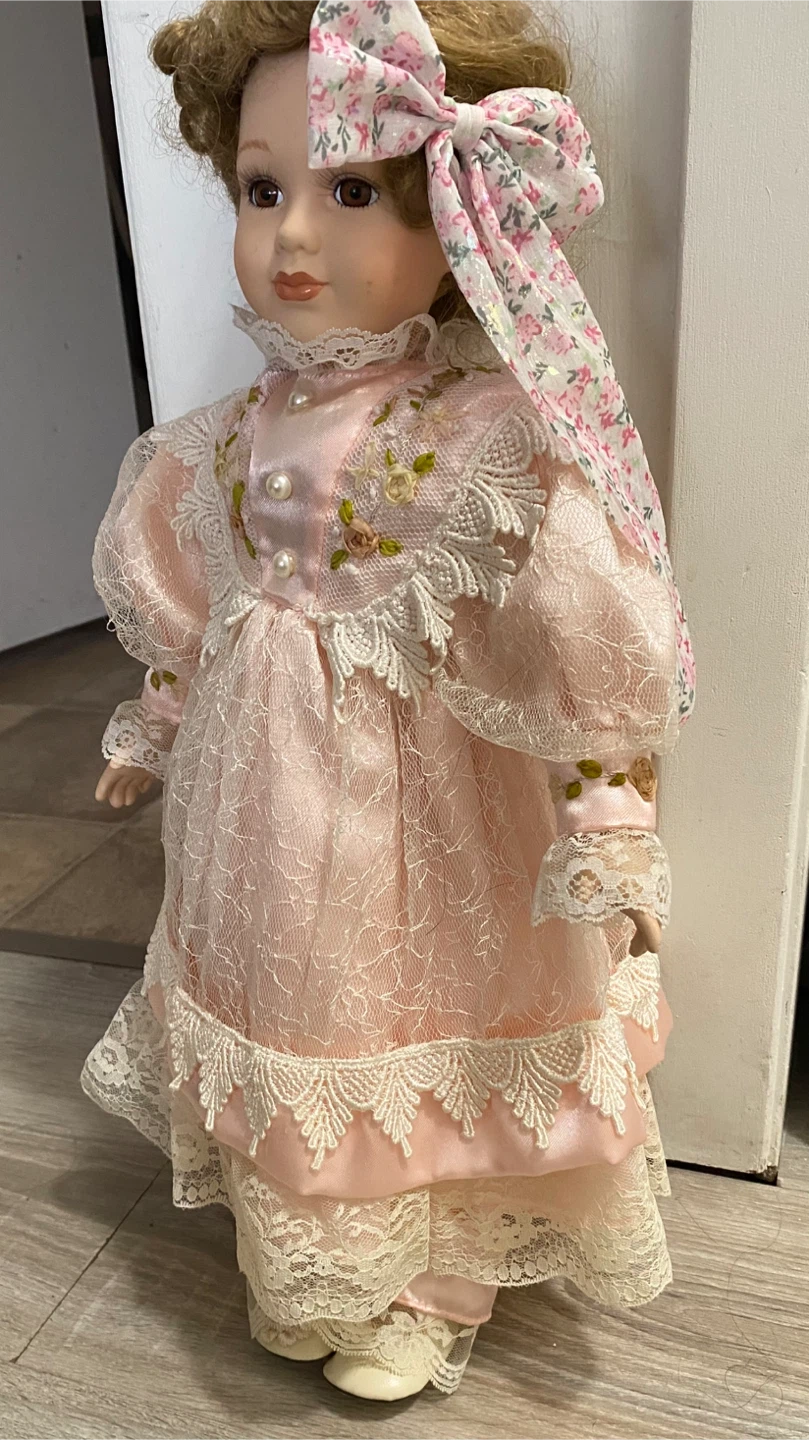 Decorative Porcelain Doll with Pink Lace Dress