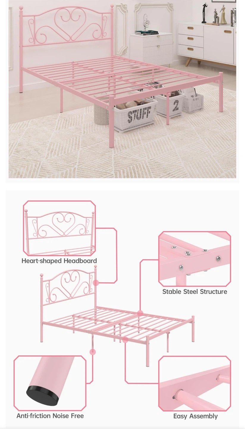 Pink Metal Twin Bed Frame with Heart Headboard - photo 3
