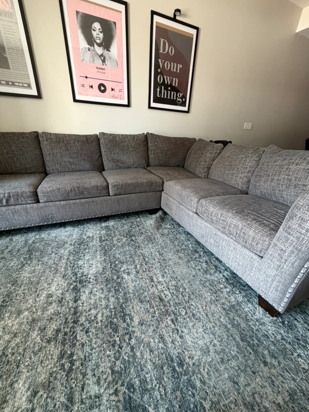 Gray Sectional Sofa with Nailhead Trim