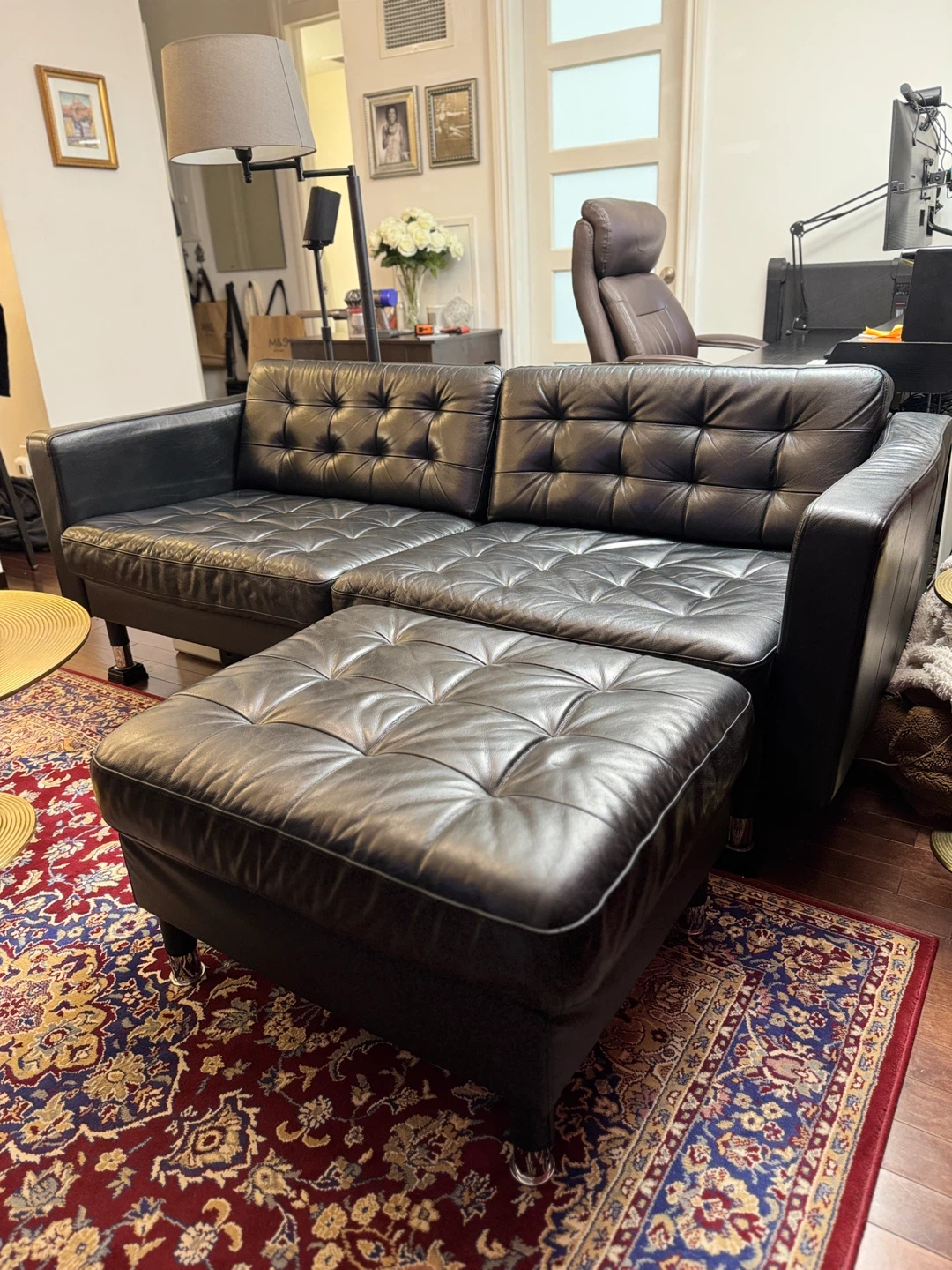 Black Tufted Leather Sofa with Ottoman