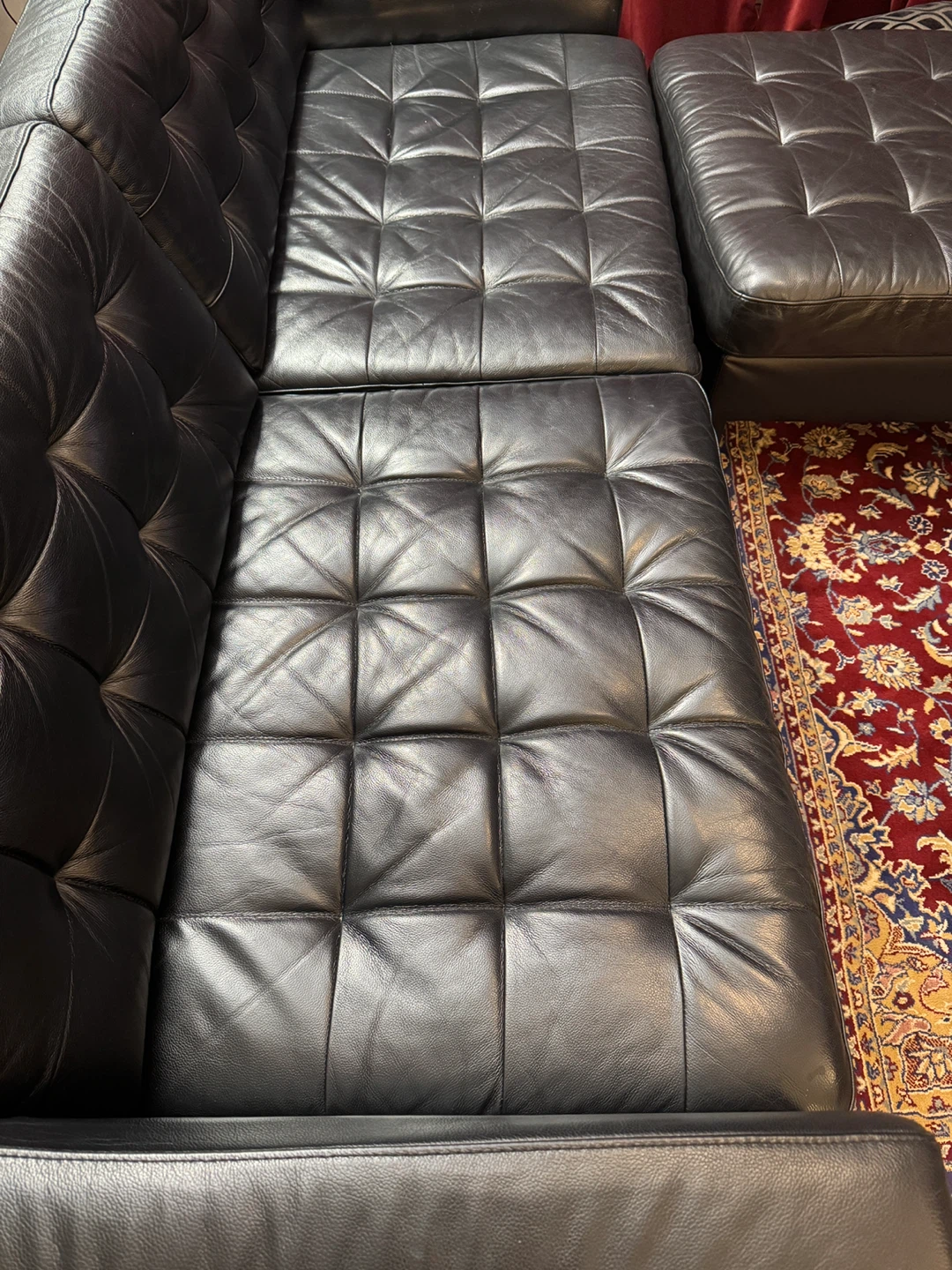 Black Tufted Leather Sofa with Ottoman - photo 4
