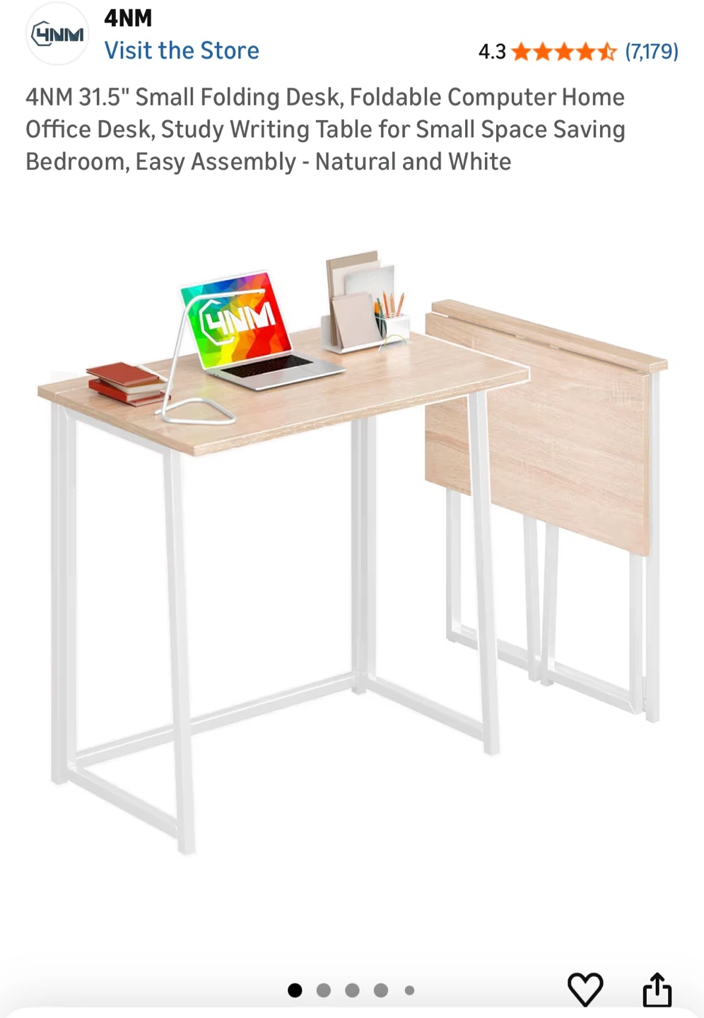 4NM 31.5" Small Folding Desk - Natural Wood & White - photo 3