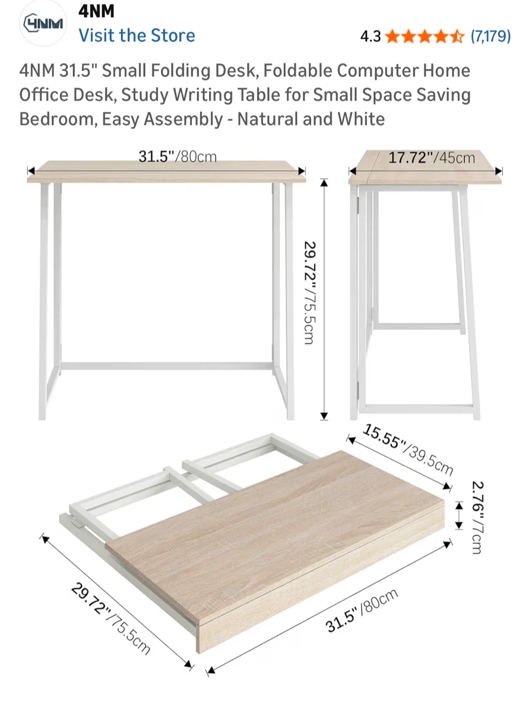 4NM 31.5" Small Folding Desk - Natural Wood & White - photo 2
