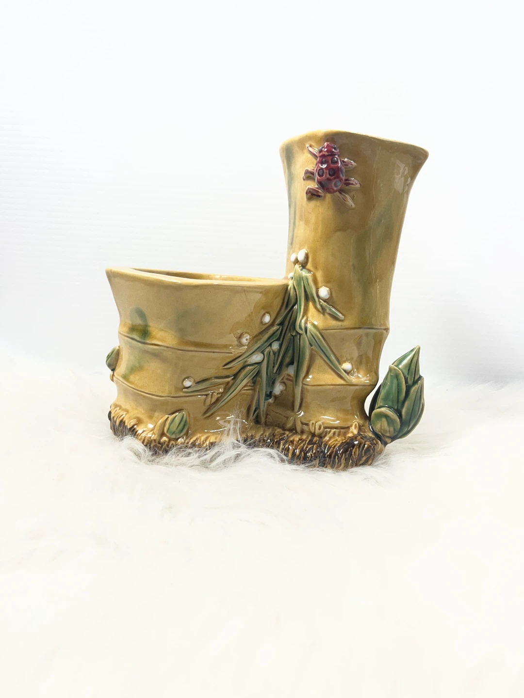 Unique Vintage Majolica-Style Bamboo Planter / Desk Caddy
