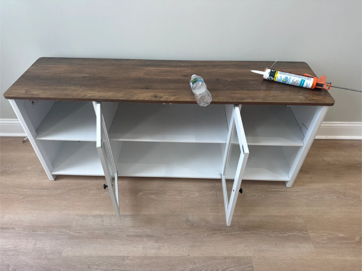 White TV Stand with Wood Top and Glass Doors