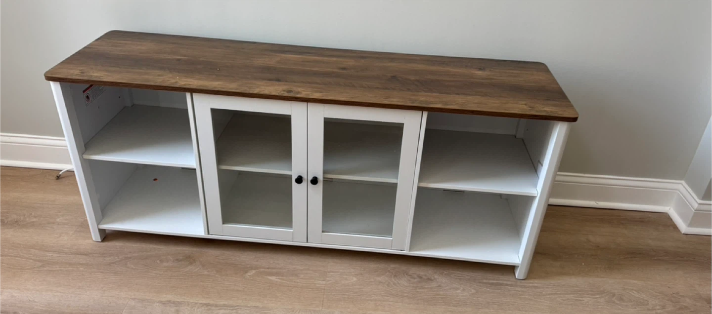 White TV Stand with Wood Top and Glass Doors - photo 2