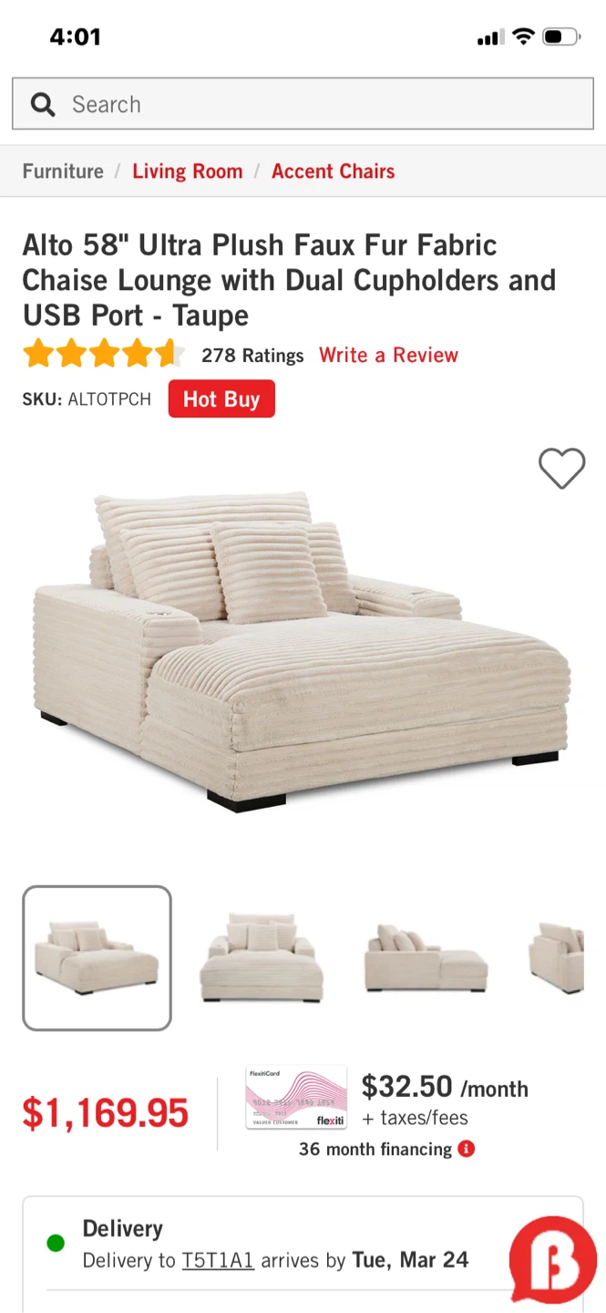 Alto 58" Ultra Plush Faux Fur Chaise Lounge - Taupe - photo 3