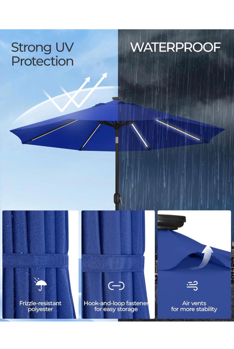 SANGMUCEN 9ft Patio Umbrella with LED Lights - Navy Blue - photo 5