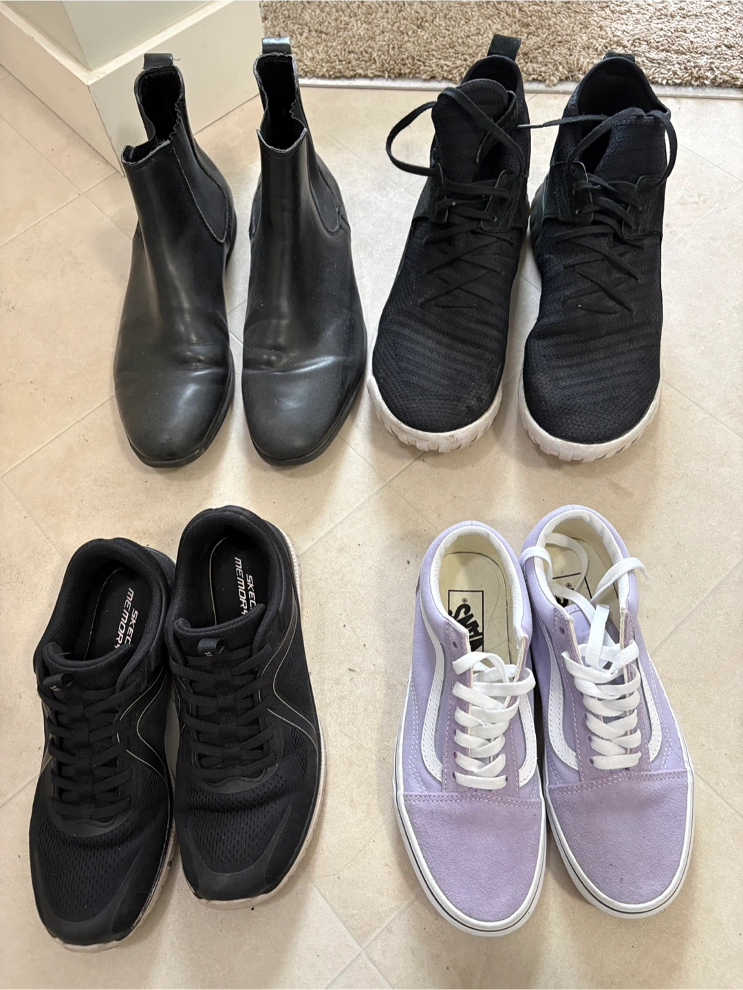 Black Boots, Black Sneakers, Purple Vans
