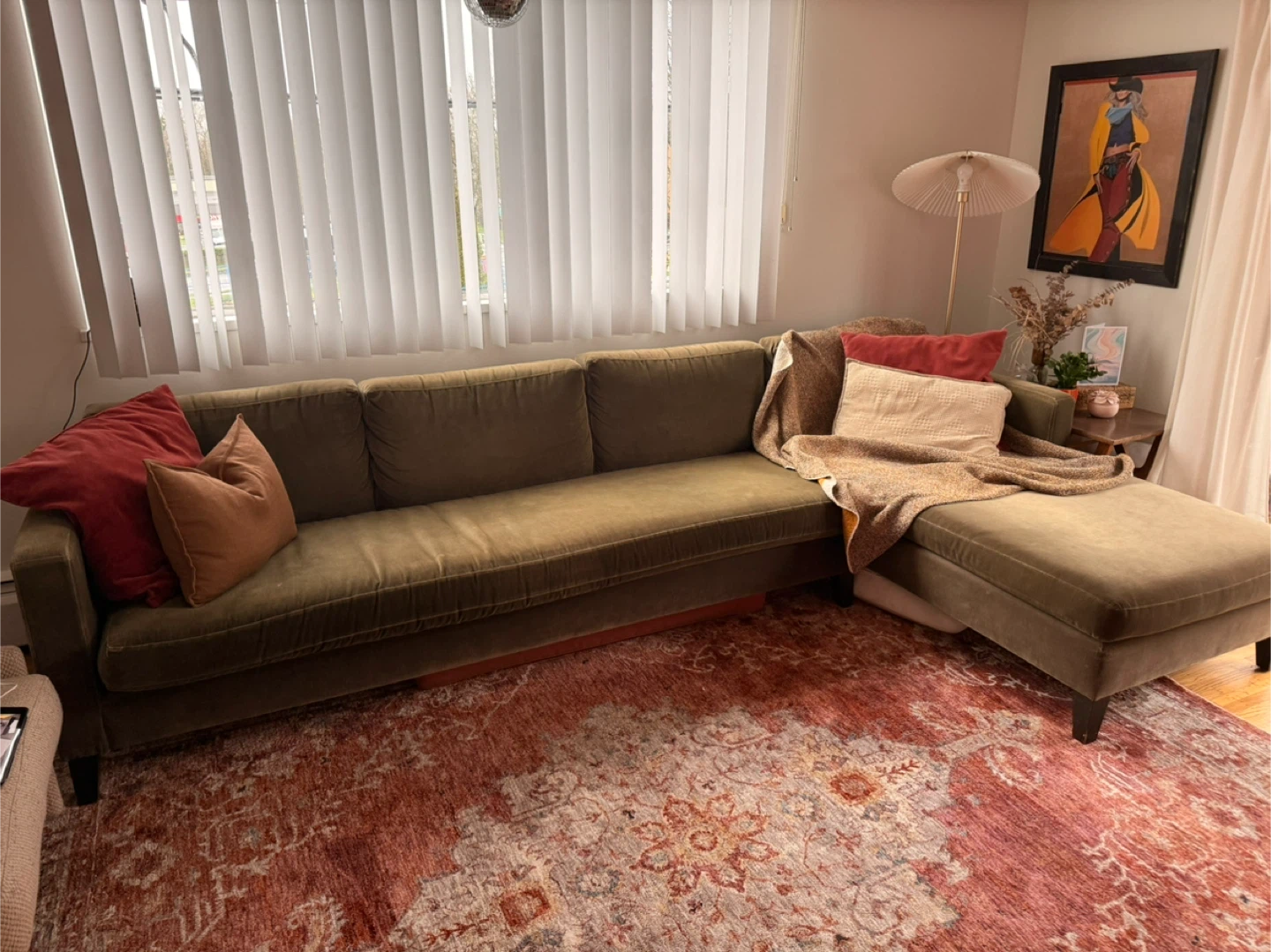 Olive Green MCM velvet couch