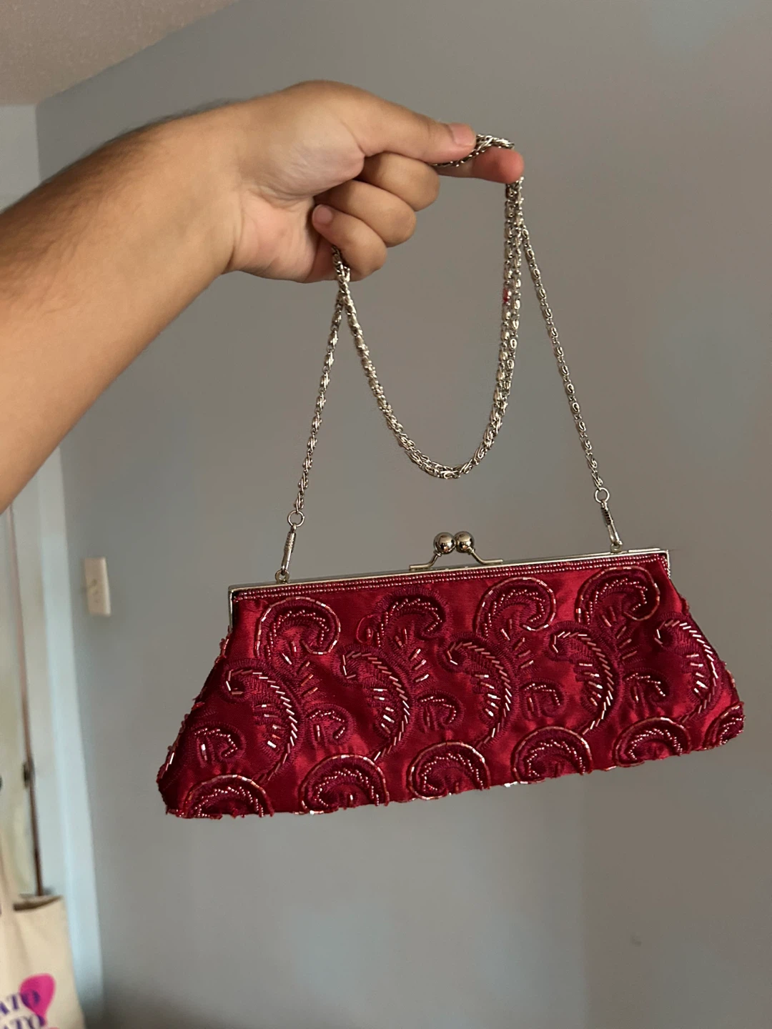 Red Beaded Clutch with Chain
