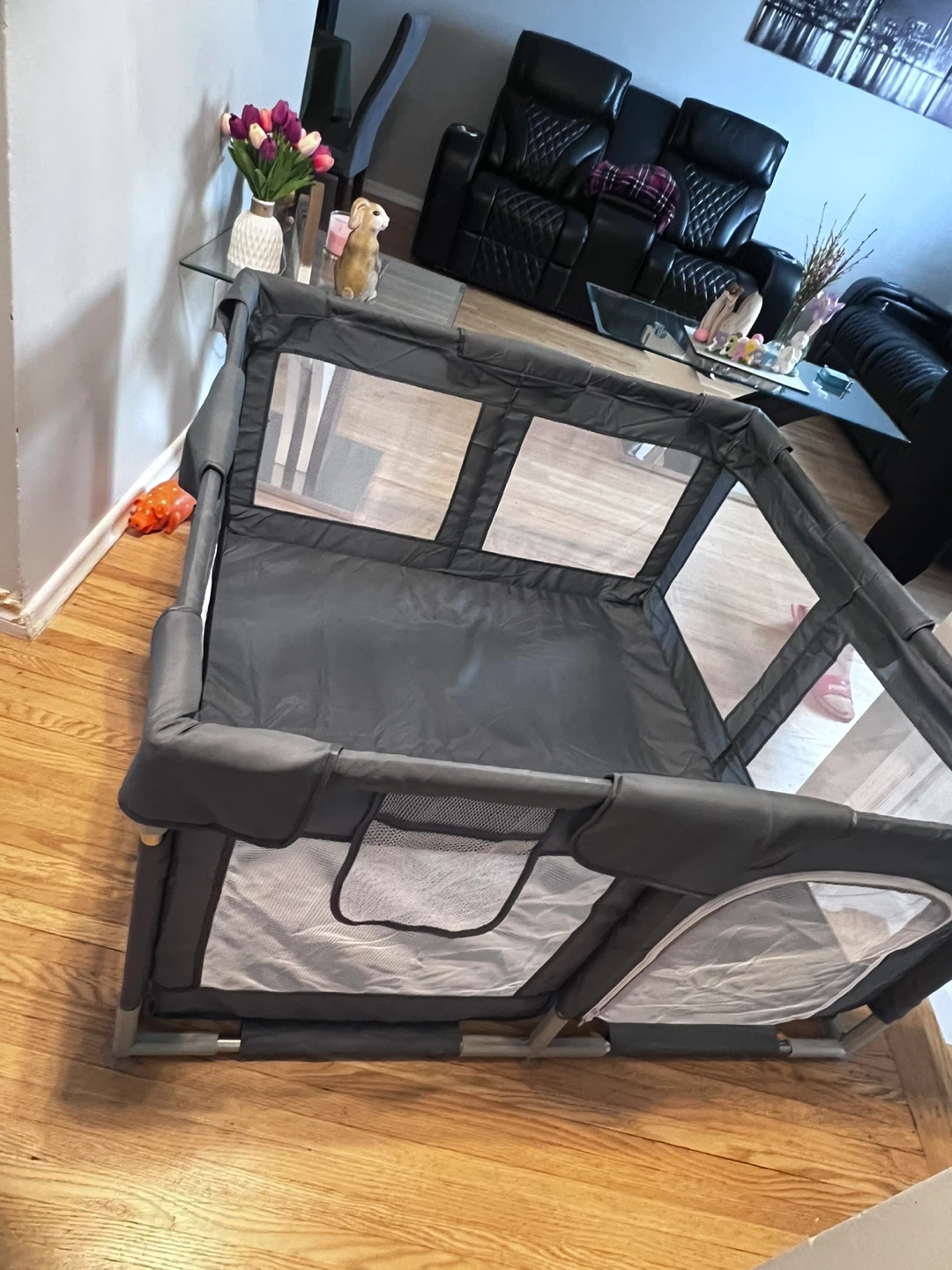 Grey Playpen with Mesh Windows