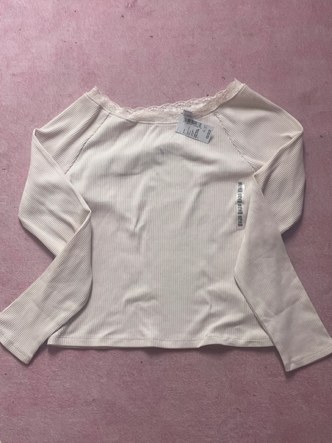 White Lace Trim Ribbed Long Sleeve Top XXL