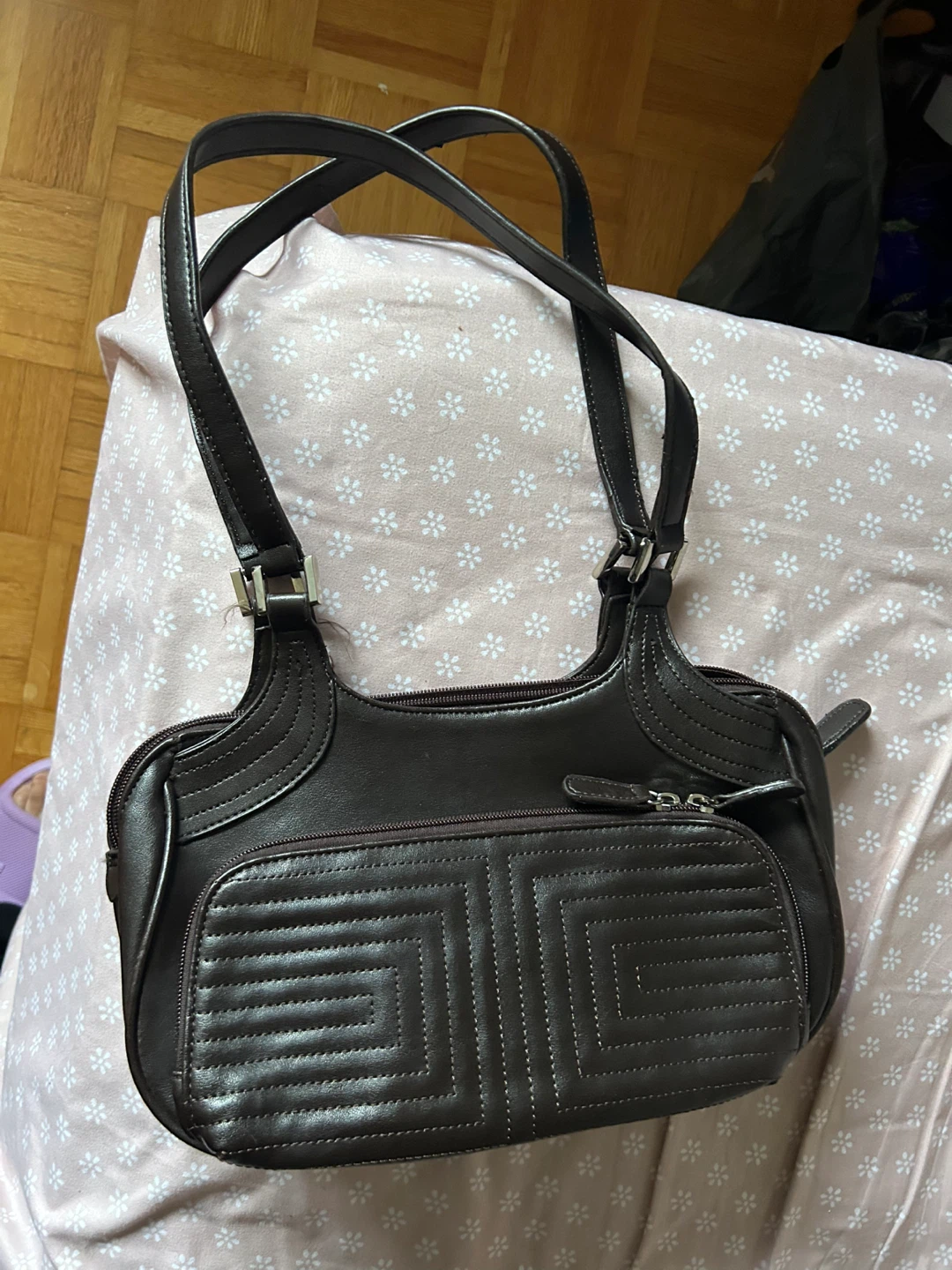 Dark Brown Faux Leather Shoulder Bag with built-in cardholder