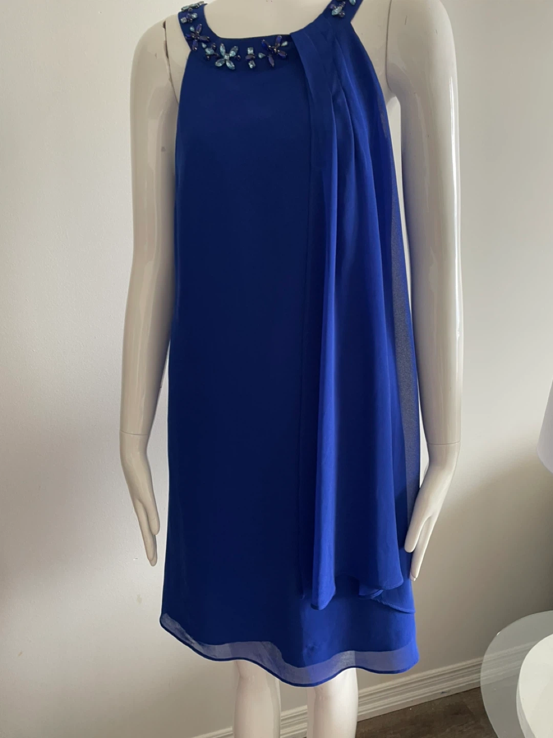 Royal Blue Beaded Neckline Halter Dress