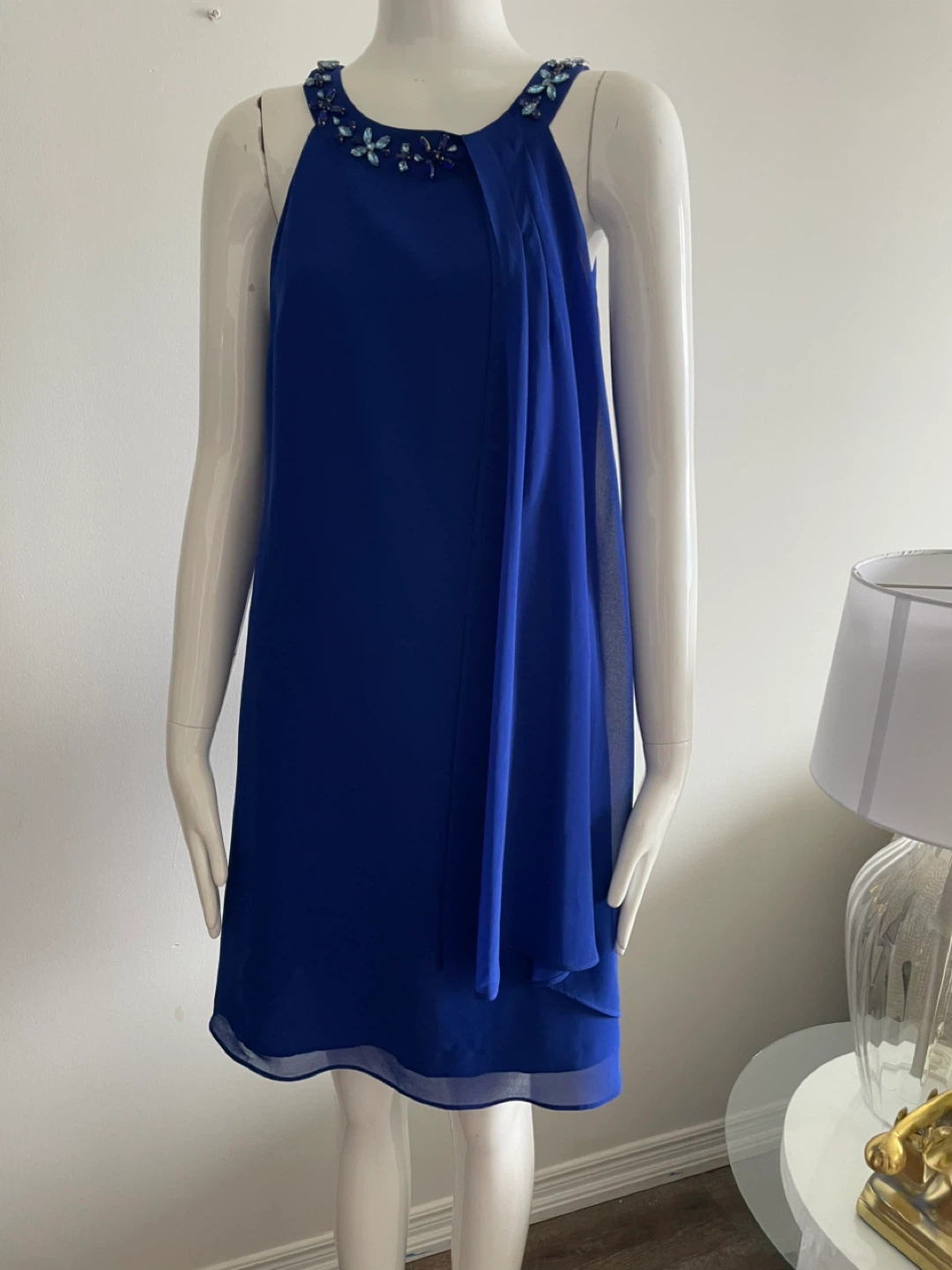 Royal Blue Beaded Neckline Halter Dress - photo 4