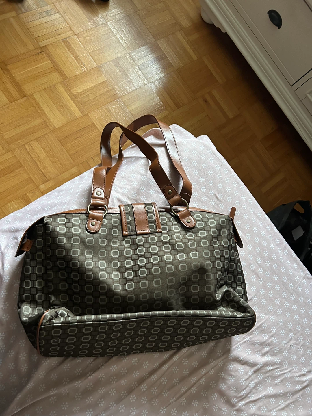 Brown patterned bag with brown leather accents - photo 2