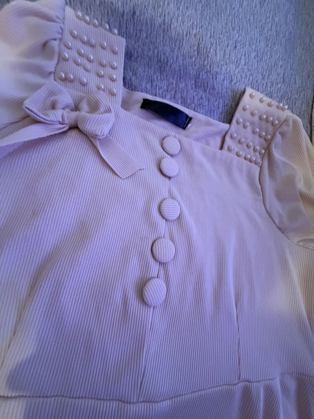 Women's Beige Ribbed Dress with Pearl Embellishments