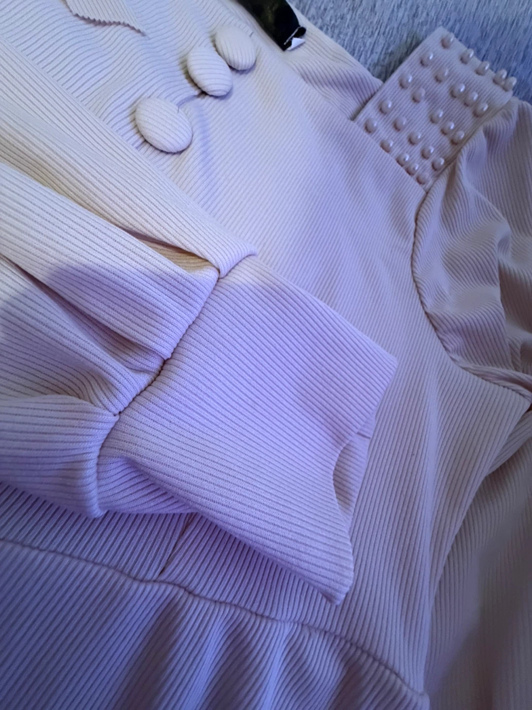 Women's Beige Ribbed Dress with Pearl Embellishments - photo 2