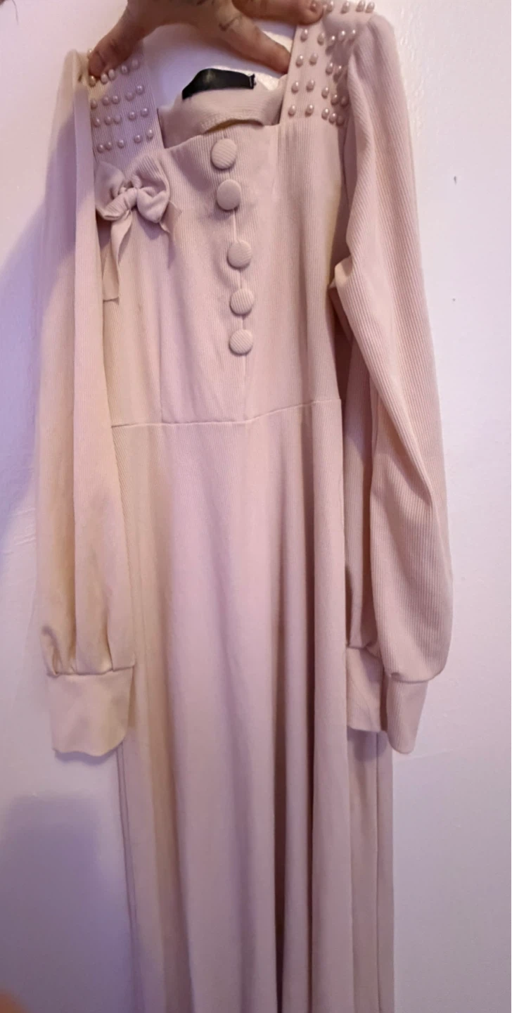 Women's Beige Ribbed Dress with Pearl Embellishments - photo 3