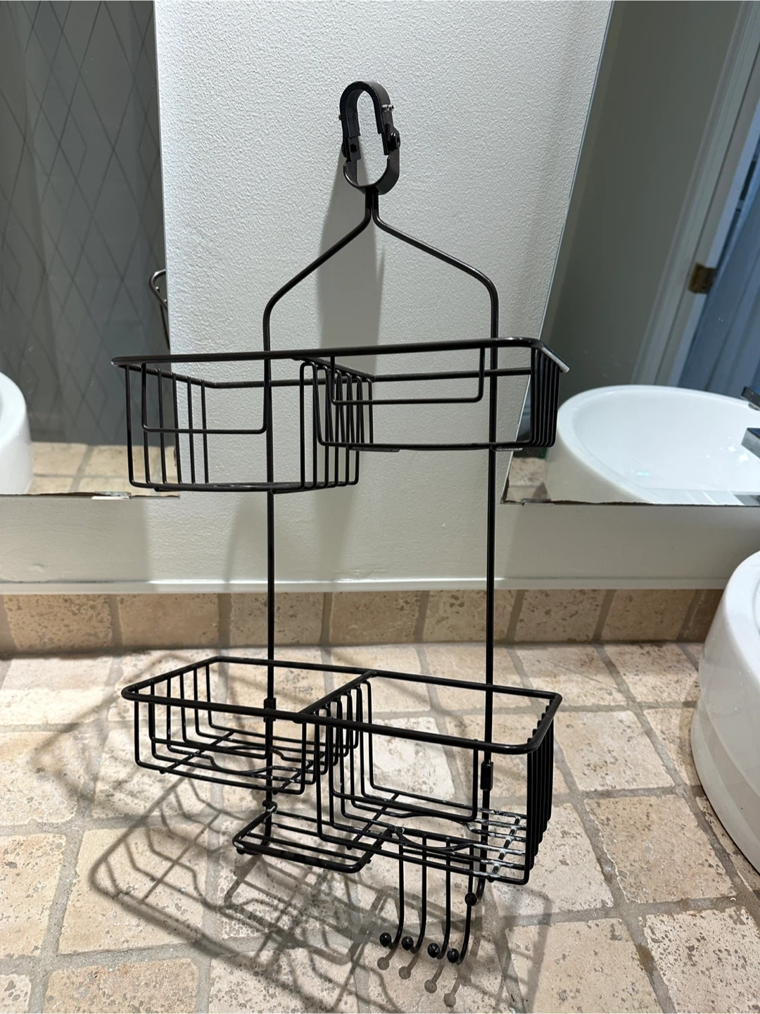 Black Metal 2-Tier Shower Caddy with Hooks
