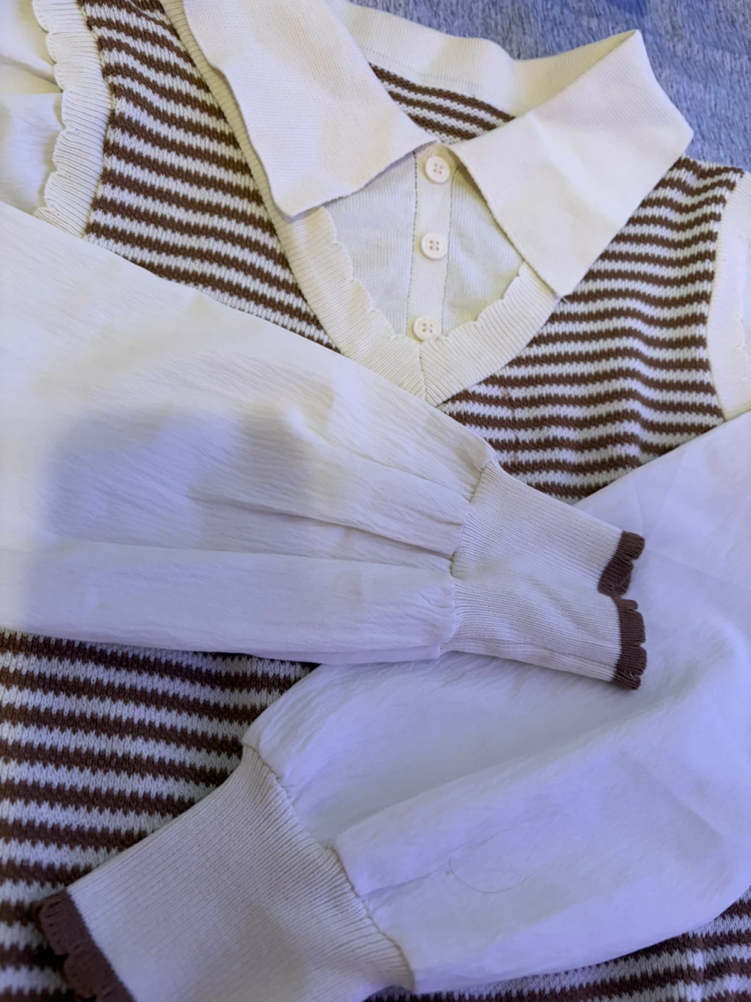 Women's Striped Knit Sweater with White Collar and Sleeves - photo 2
