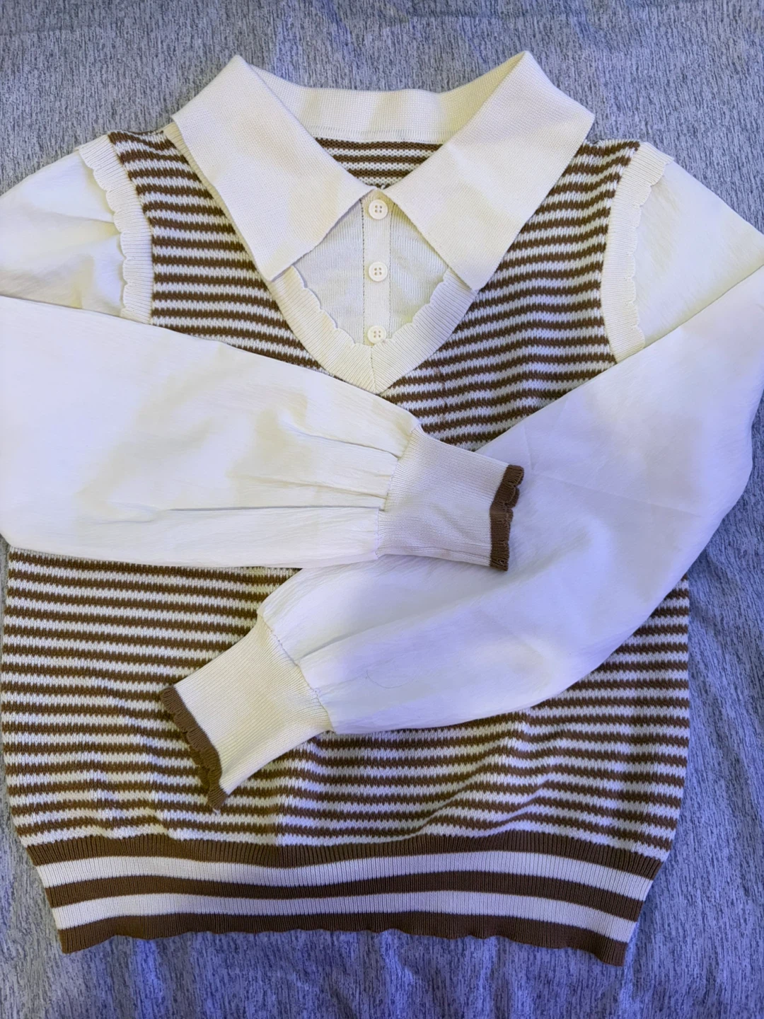 Women's Striped Knit Sweater with White Collar and Sleeves