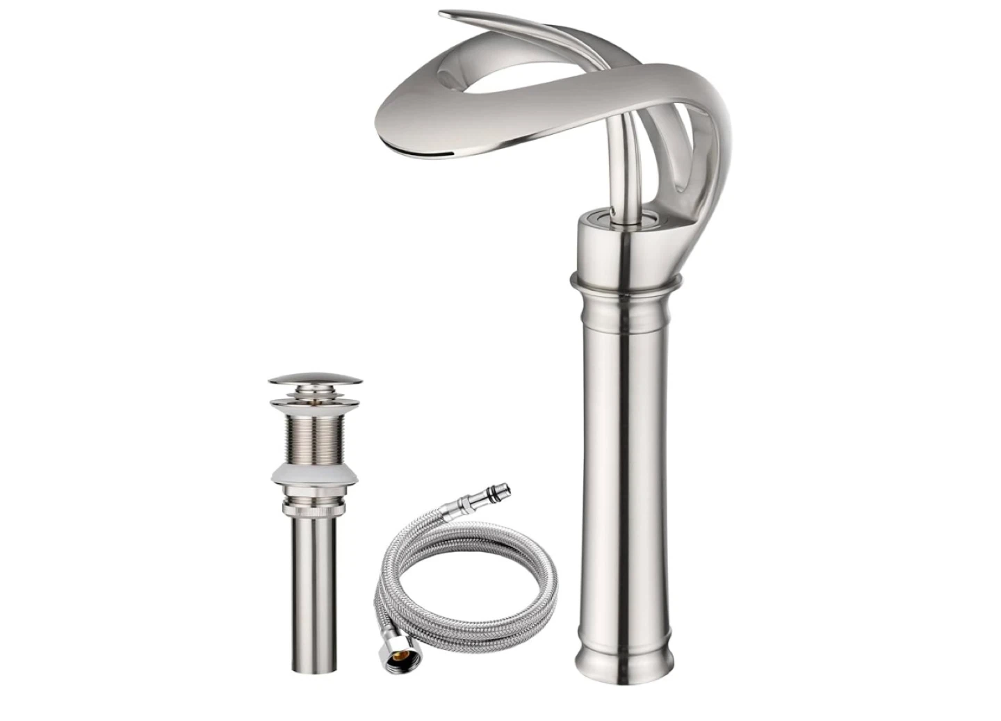 Brushed Nickel Waterfall Faucet with Pop-Up Drain and Hose