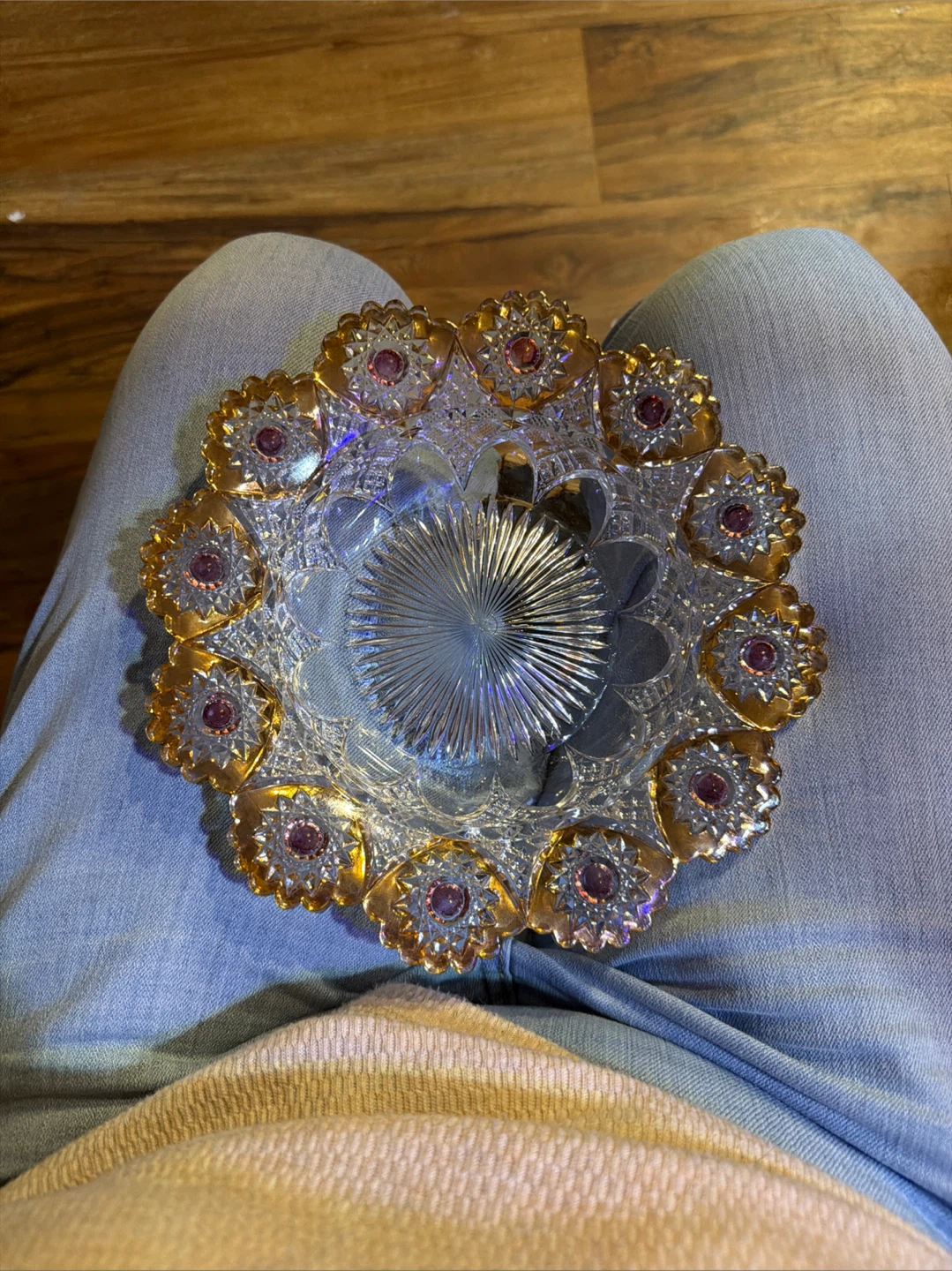 Cut Crystal Serving Bowl with Gold Trim and Pink Accents