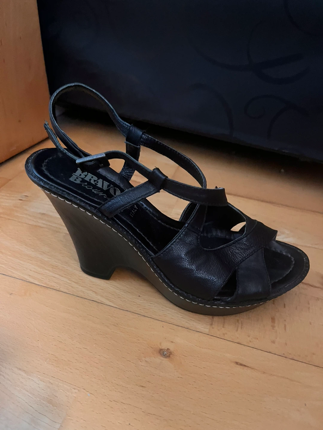 Bravo Browns Black Leather Wedge Sandals Made in Italy