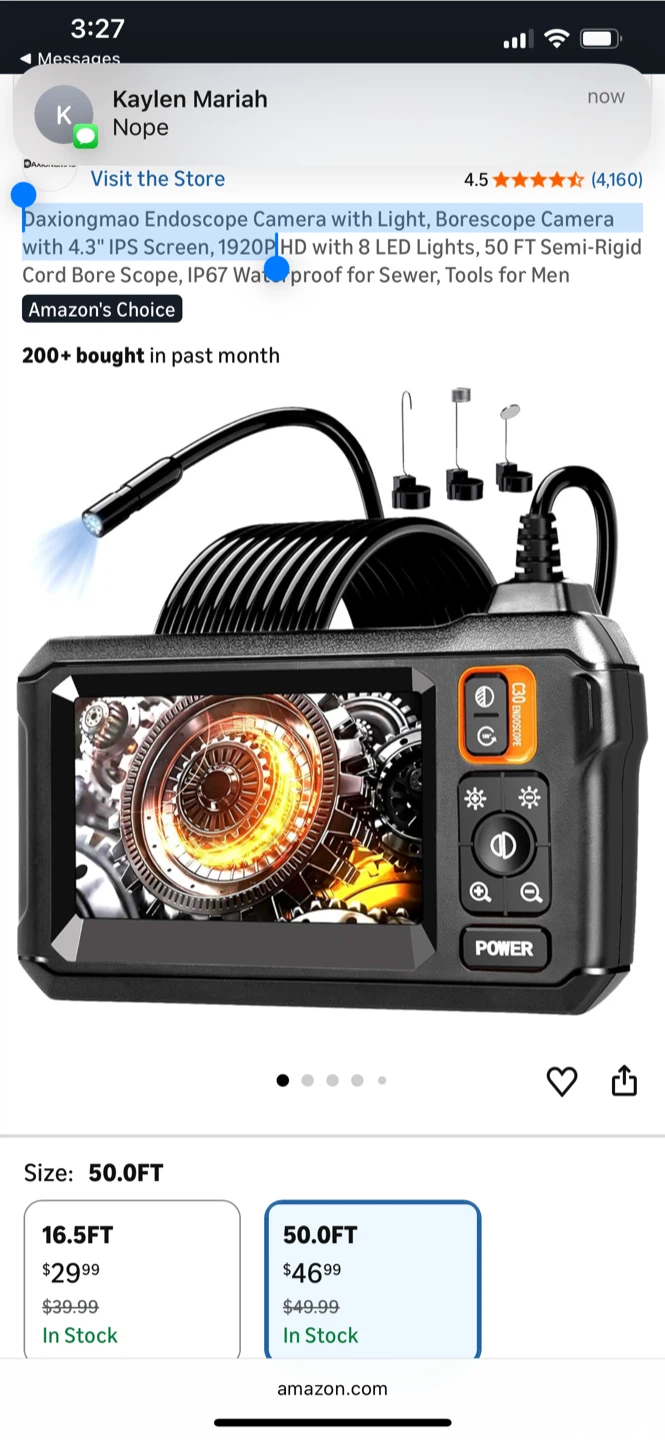 Daxiongmao 50ft Endoscope Camera with 4.3" IPS Screen, 1920P HD