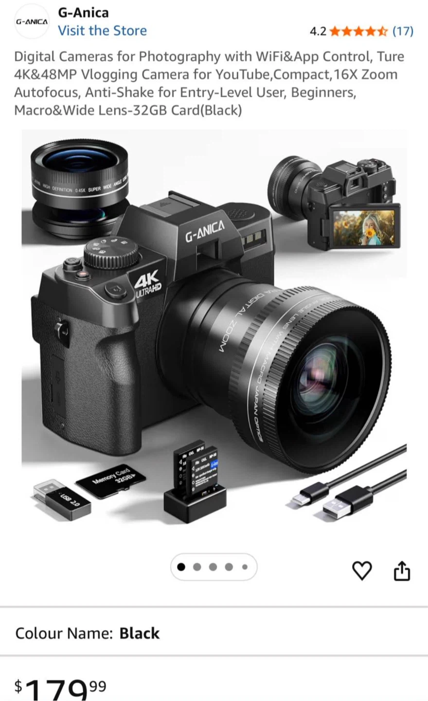 G-Anica 4K Digital Camera with 16X Zoom Lens, Black - photo 2