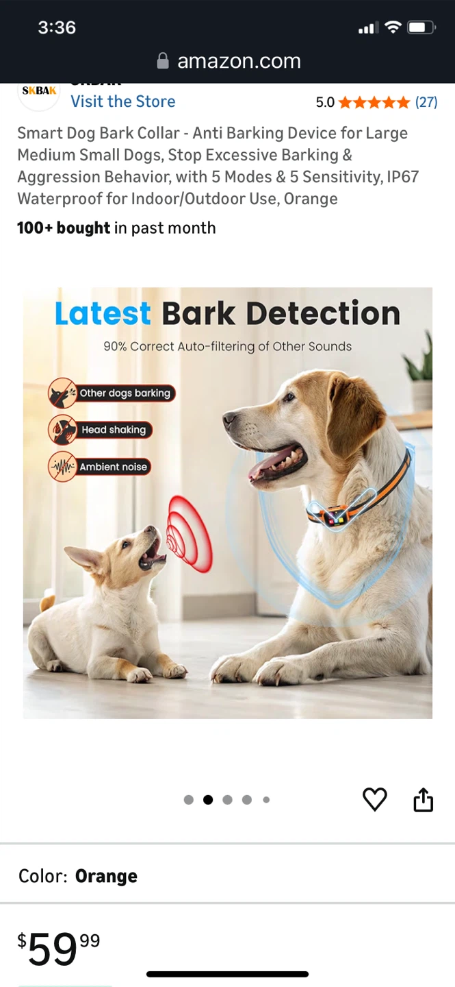 SKBAR Smart Dog Bark Collar - Anti Barking Device, Orange - photo 2
