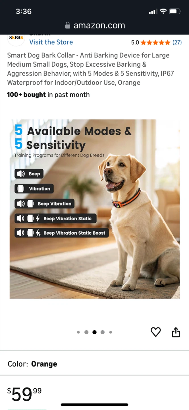 SKBAR Smart Dog Bark Collar - Anti Barking Device, Orange - photo 3